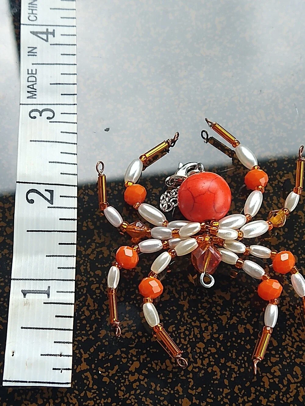 Handmade Orange & White Beaded Spider Pendant
